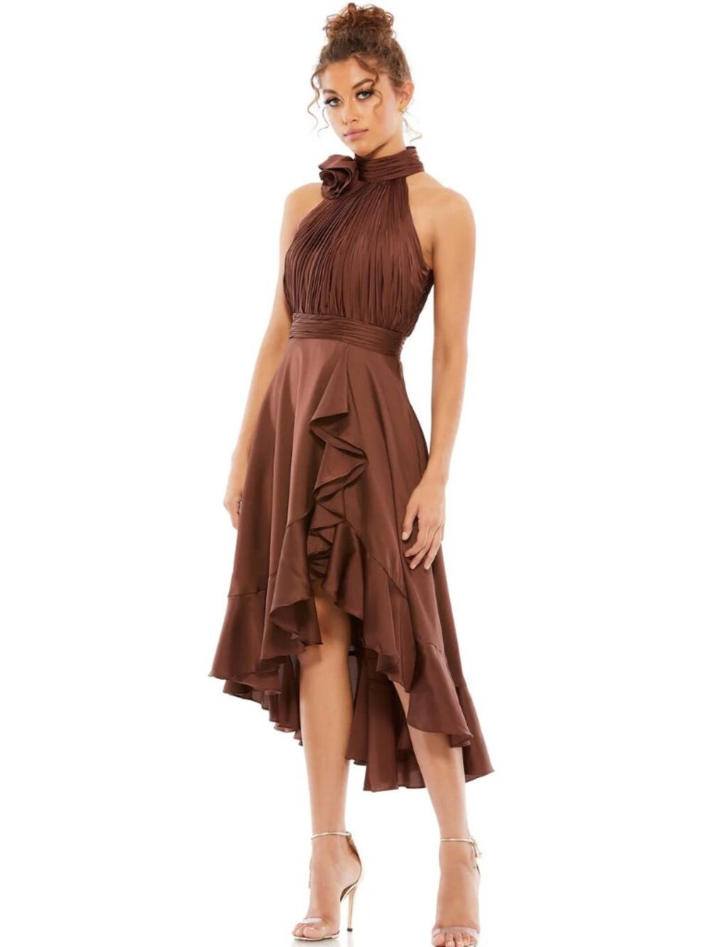 Mac Duggal Chocolate Brown Halter Neck 2 Flower Detail Ruffled Midi Dress 49488